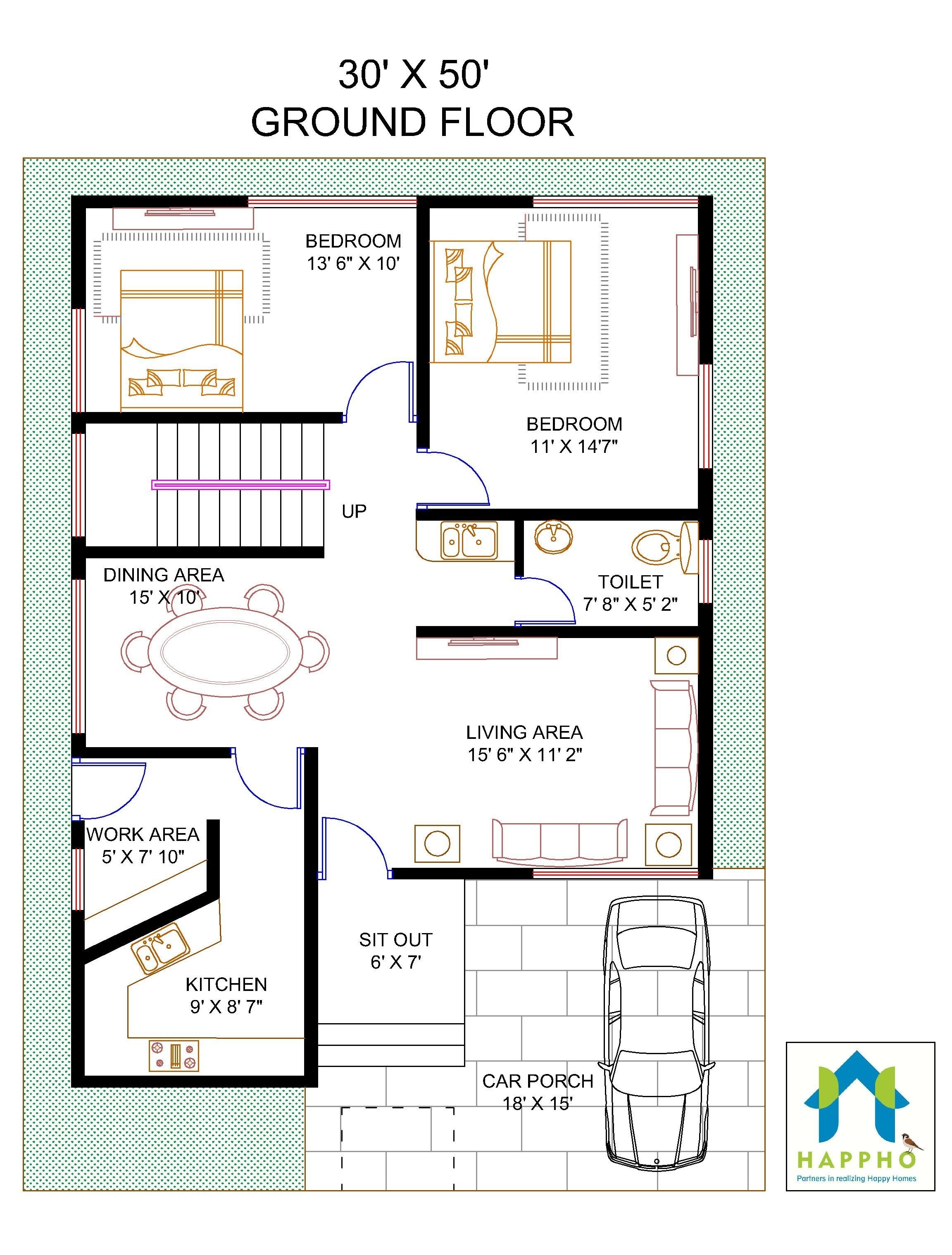 Floor Plan for 30 X 50 Feet Plot